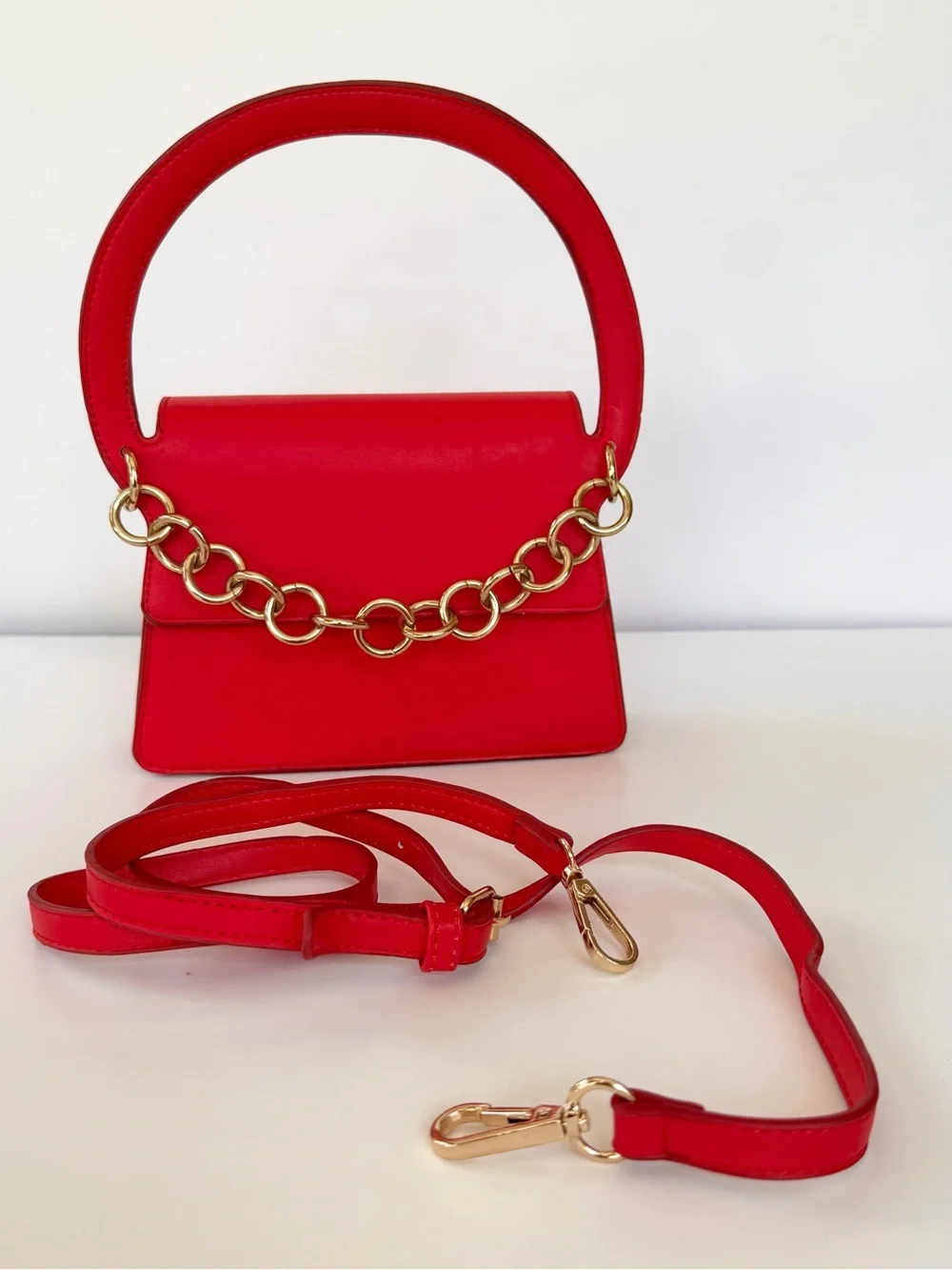 Red Mini Flap Top-Handle Crossbody Bag Gold Chain